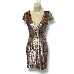 Dress the Population Zoe Dress XS Shimmering Sequin Sheath Brushstroke Bronze